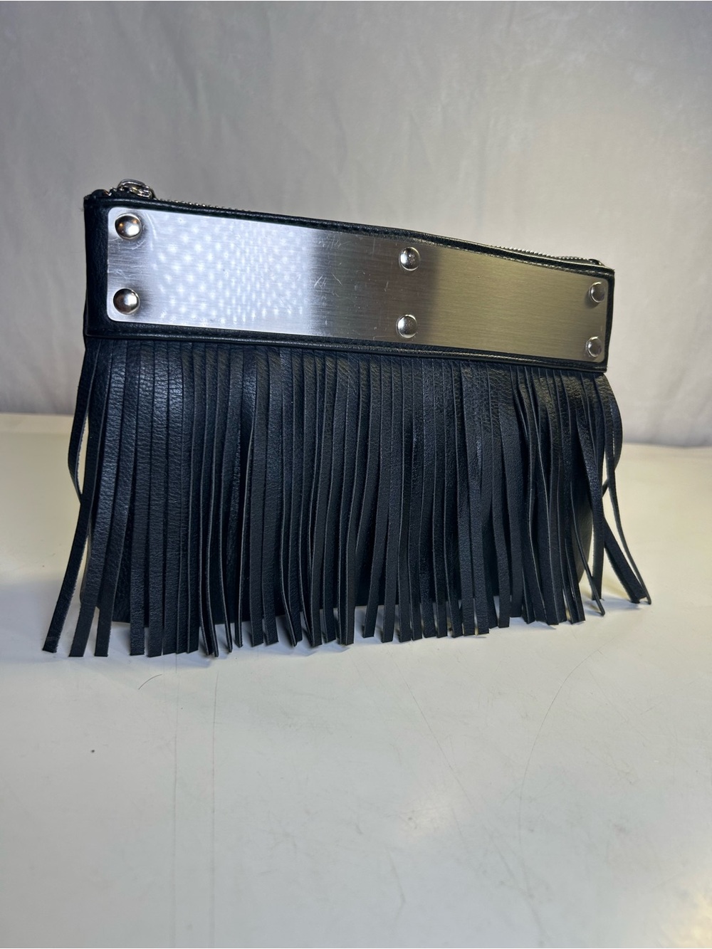 Black Faux Leather Fringe Clutch with Silver Studded Trim